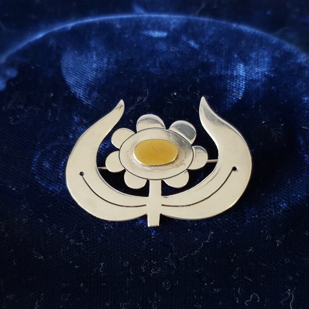 Sterling silver and brass flower pin from Mexico